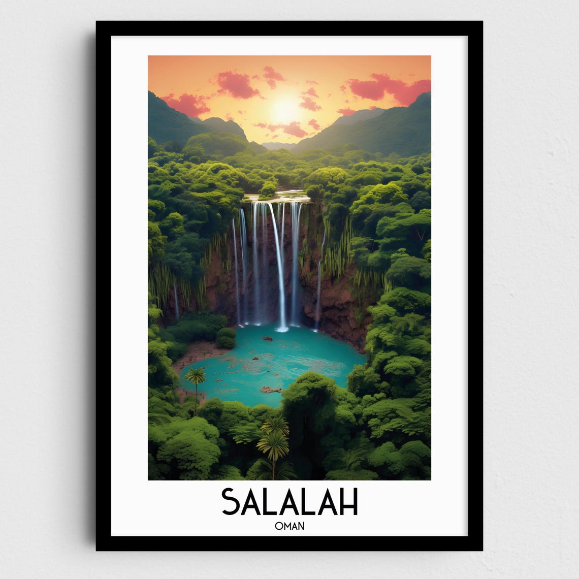 Salalah Oman Tropical Waterfall Jungle Sunset Nature Travel Poster