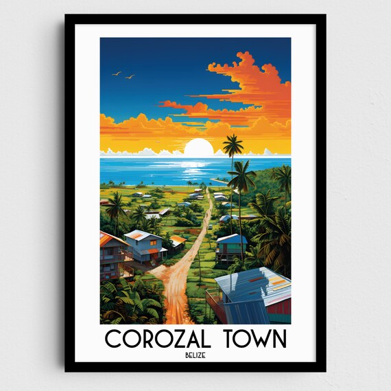 Corozal Town Village Dirt Road Palms Caribbean Sunset Belize Travel Poster