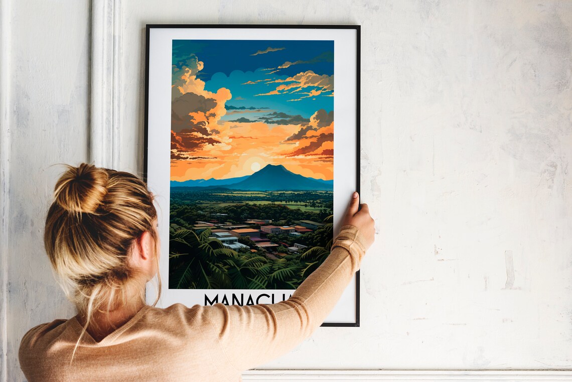Managua Nicaragua Volcano Sunset Over Tropical Valley Travel Poster - Image 2