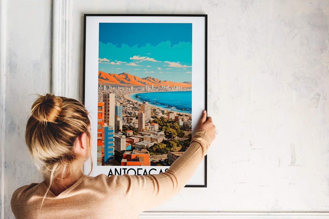 Antofagasta Modern Towers Curving Beach Orange Mountains Chile Travel Poster - Image 2