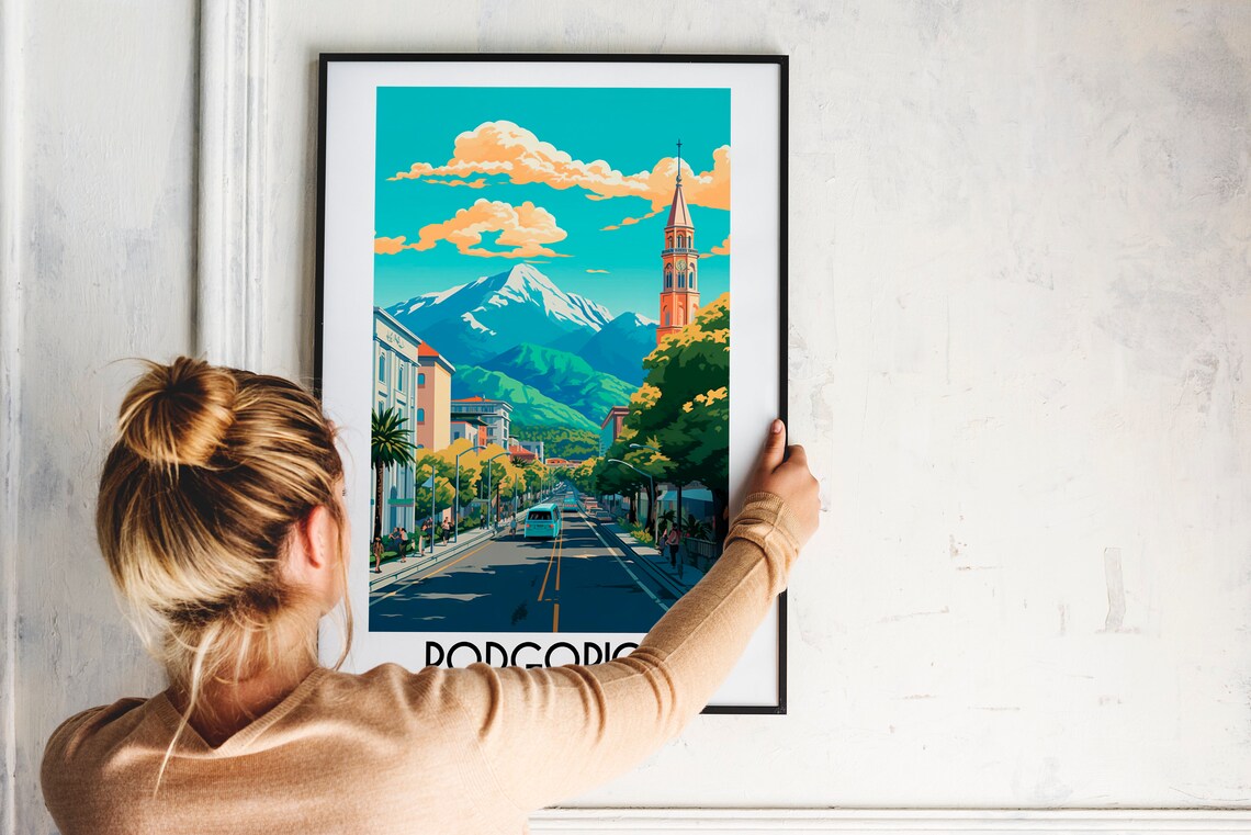 Podgorica Tree Lined Avenue Snowy Mountains Montenegro Travel Poster - Image 2