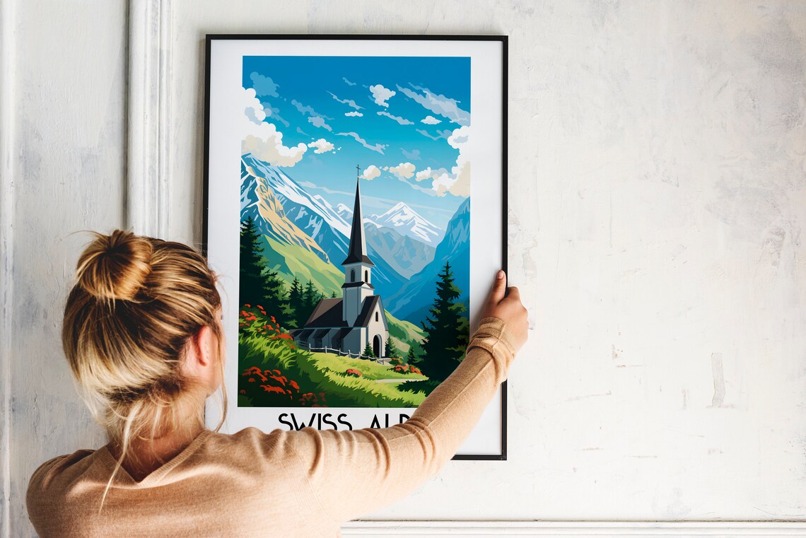Swiss Alps Mountain Chapel Alpine Peaks Vintage Style Travel Poster - Image 2