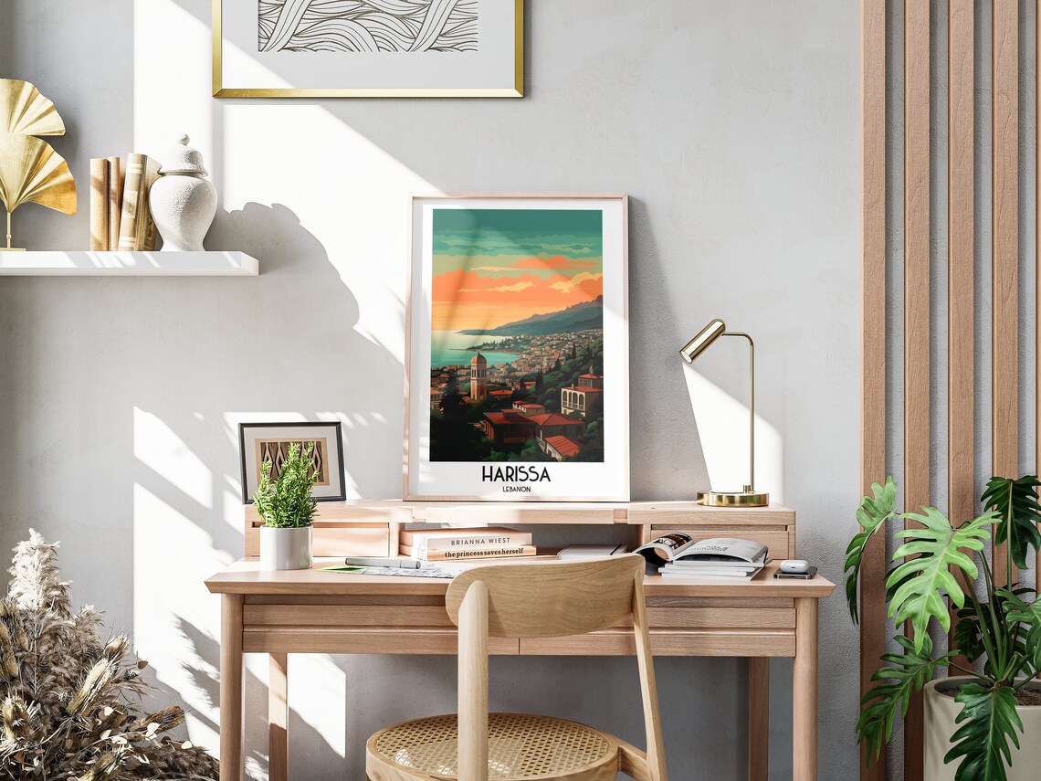 Harissa Lebanon Coastal Hillside Retro Town Dusk Travel Poster - Image 3