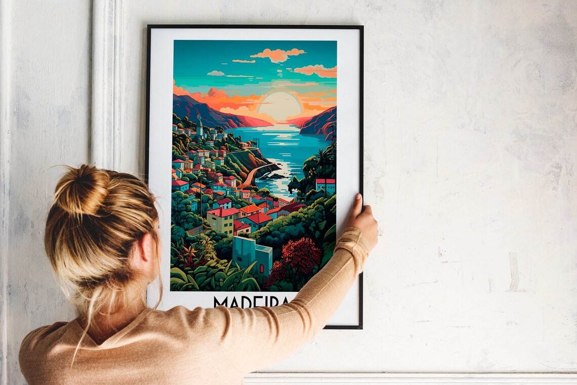 Madeira Portugal Coastal Town Sunset Cliffside Retro Travel Poster - Image 2