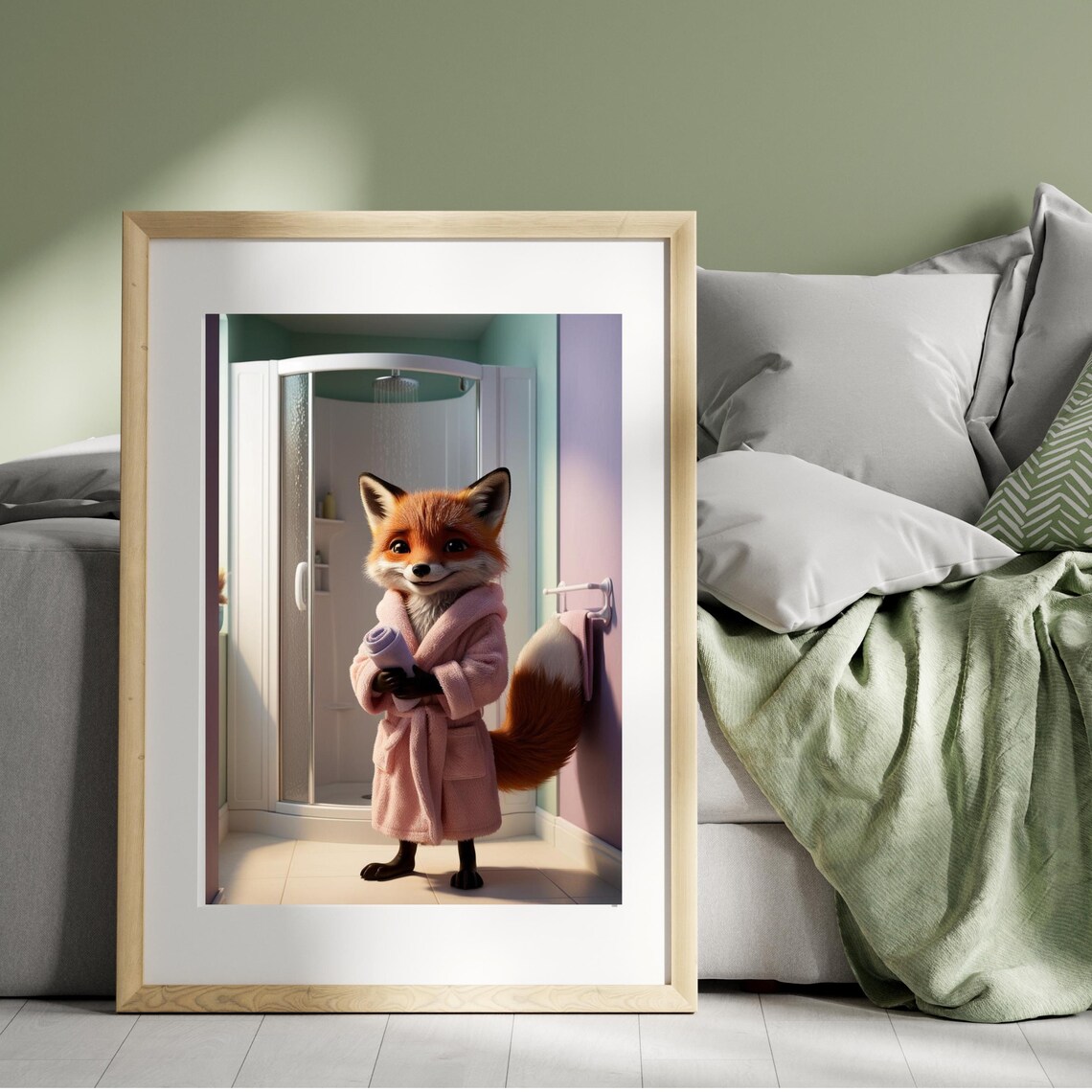 Cute Smiling Fox In Pink Bathrobe Holding Towel In Bathroom Poster - Image 2
