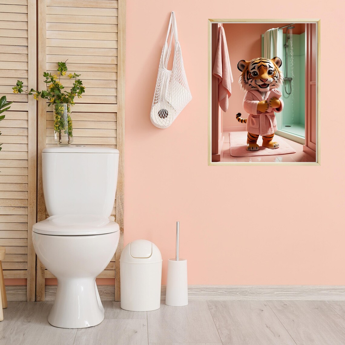 Adorable Tiger Cub In Pink Bathrobe Standing In Bathroom Poster - Image 3