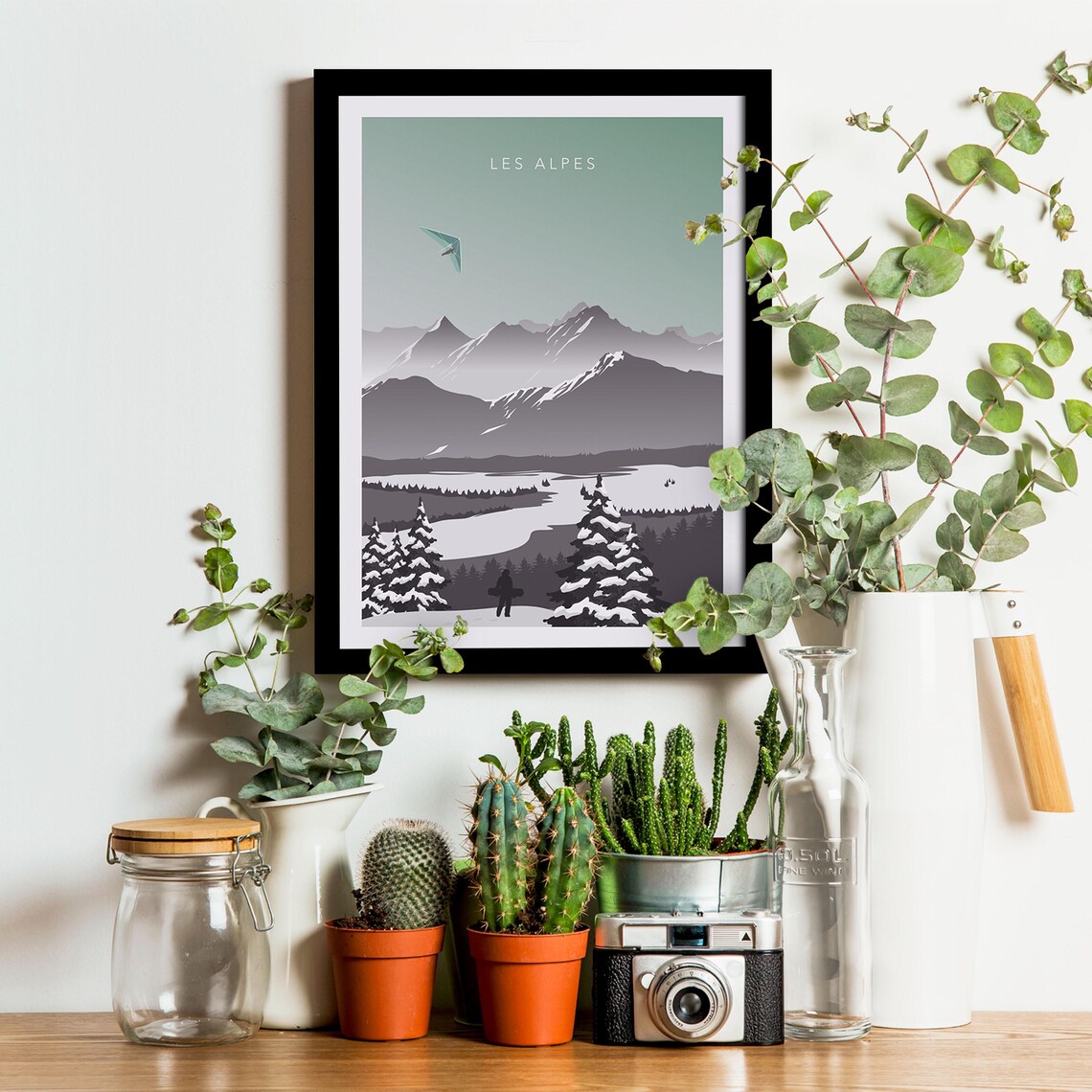 Les Alpes Hang Glider Snow Valley Snowboarder Winter Travel Poster - Image 3