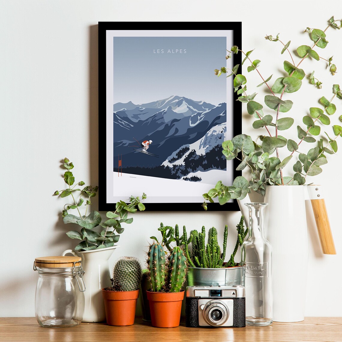 Les Alpes Ski Jumper Mid Flight Blue Peaks Retro Sport Travel Poster - Image 3