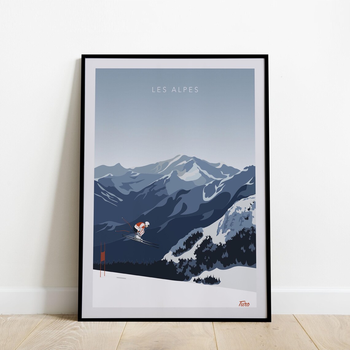 Les Alpes Ski Jumper Mid Flight Blue Peaks Retro Sport Travel Poster