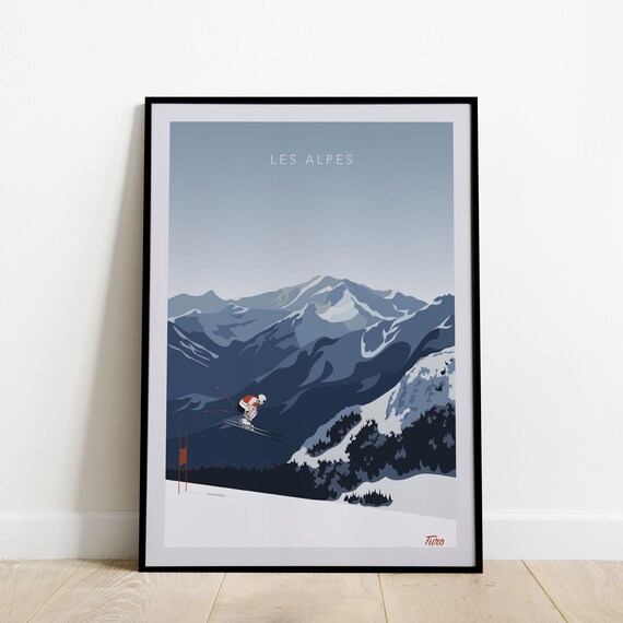 Les Alpes Ski Jumper Mid Flight Blue Peaks Retro Sport Travel Poster