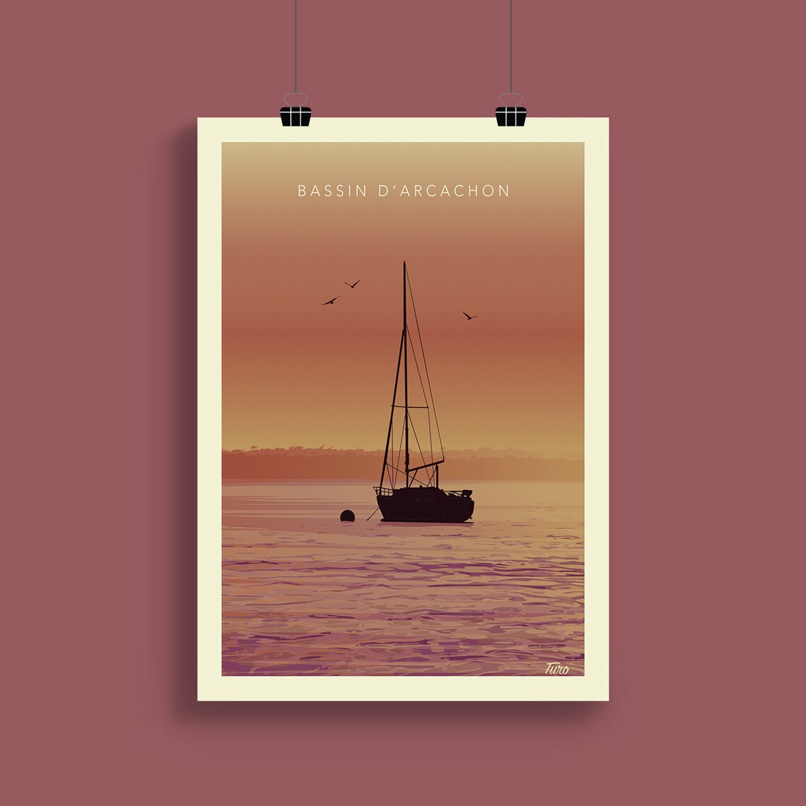 Bassin D'Arcachon Sailboat Sunset Harbor Vintage Travel Poster