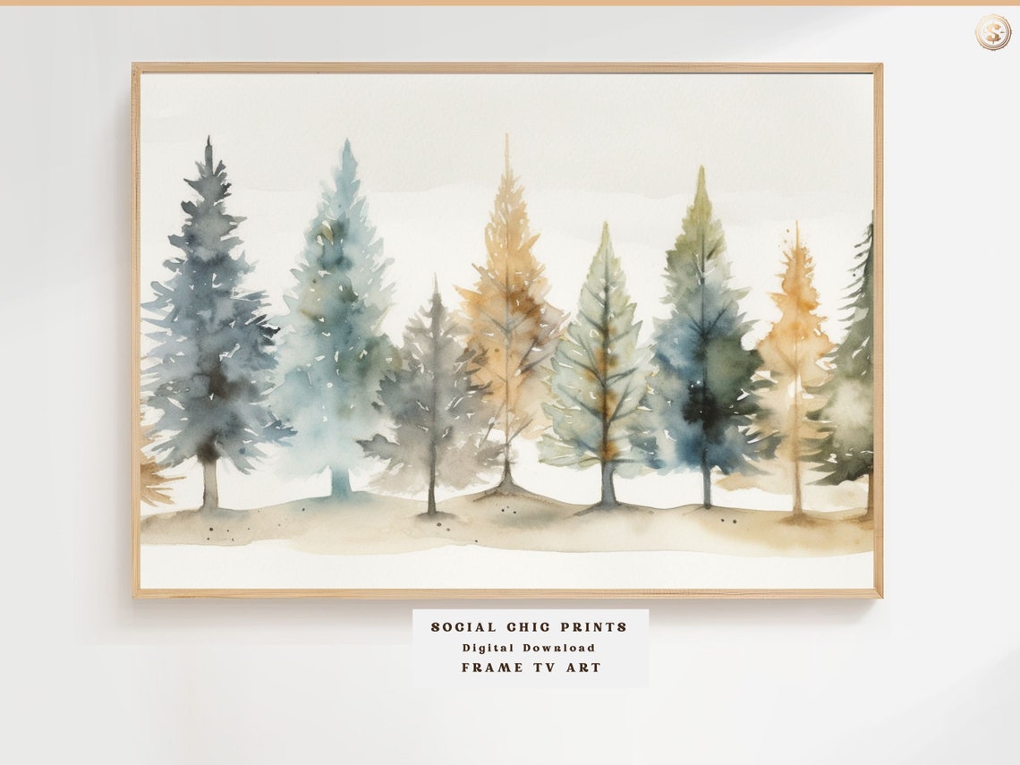 Watercolor Evergreen Forest Poster in Soft Muted Earth Tones