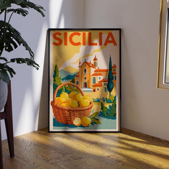 Sicily Wall Art Print Italy Travel Poster Mediterranean Decor Sicilia Landscape Illustration Minimal City Instant
