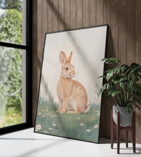 Cute Brown Bunny Wildflower Meadow Watercolor Nursery Art Poster