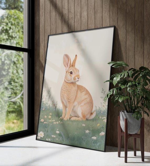 Rabbit Line Art Print Minimalist Bunny Wall Neutral Nursery Animal Poster Scandinavian Baby Room Decor Instant