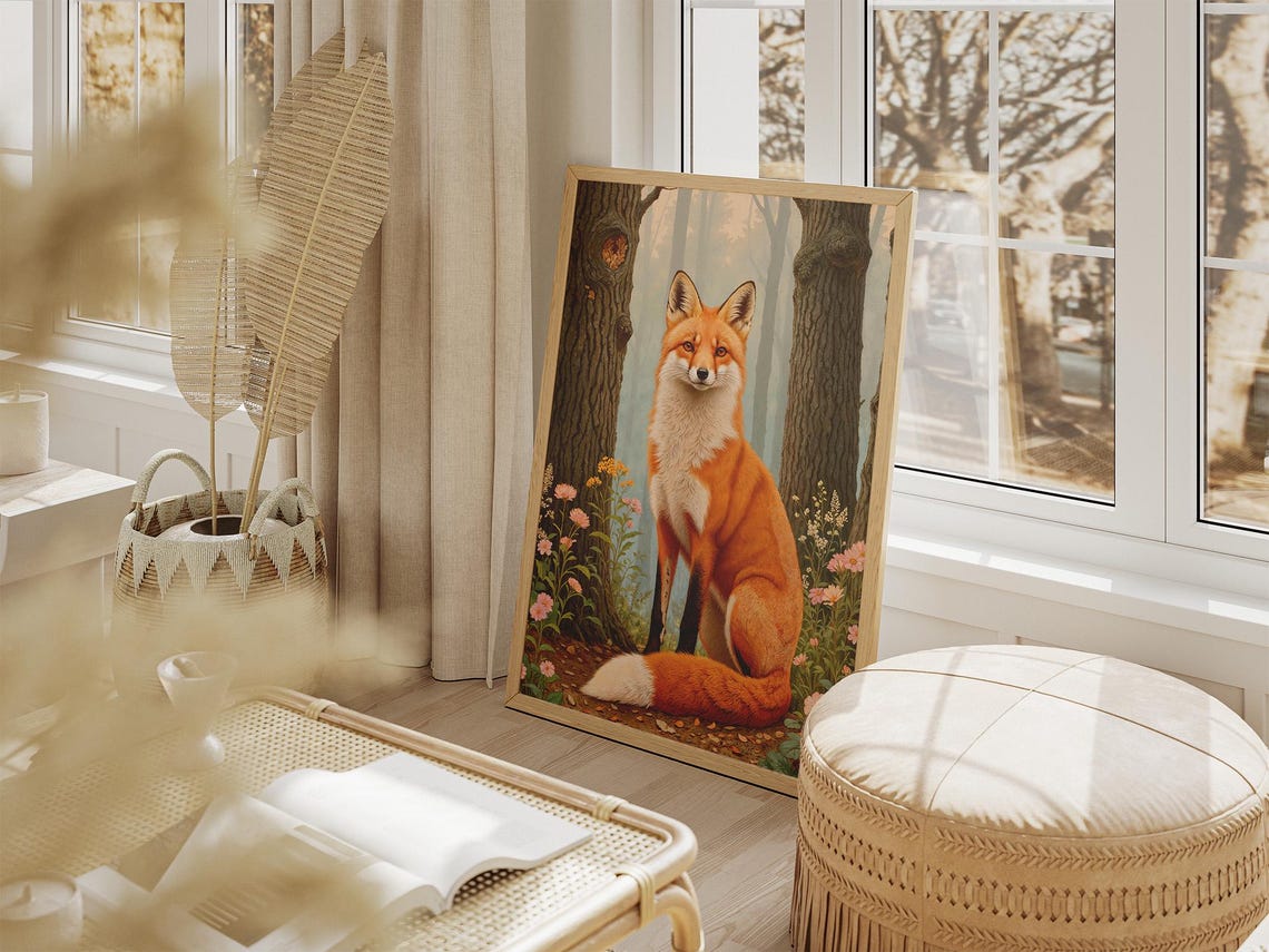 Red Fox Forest Floral Woods Realistic Illustration Art Poster