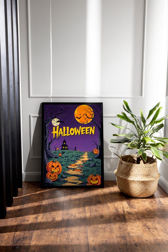 Halloween Night With Jack O Lanterns And Haunted House Fun Poster