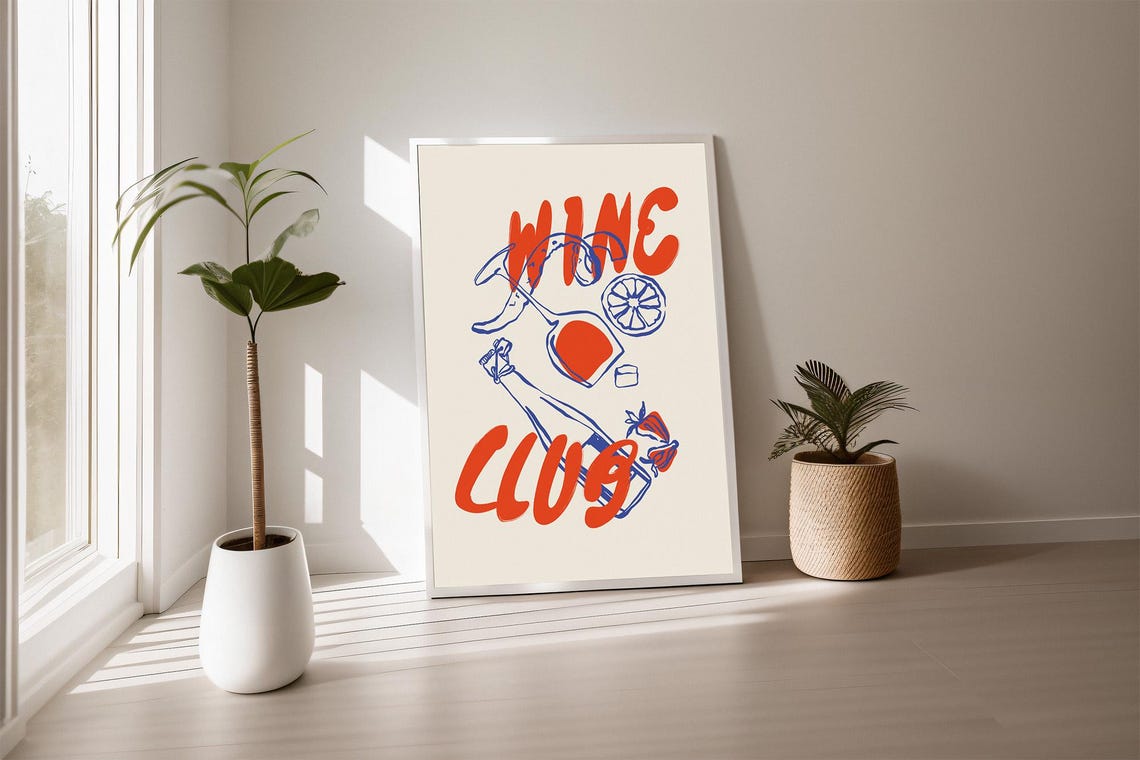 Wine Club Retro Hand Lettered Bottle Glasses Bold Orange Poster