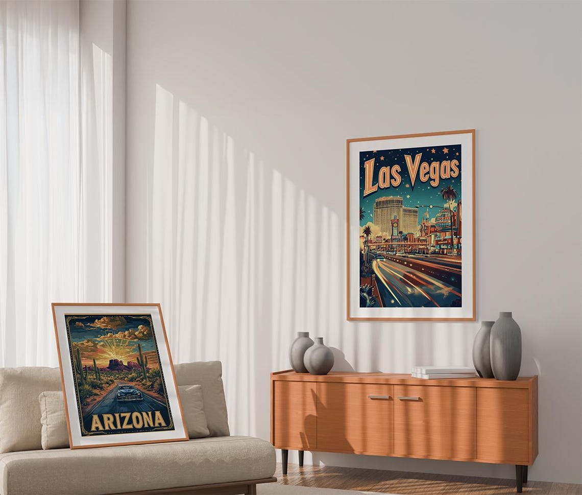 Arizona Desert Sunset and Las Vegas Night Strip 2 Piece Poster Set