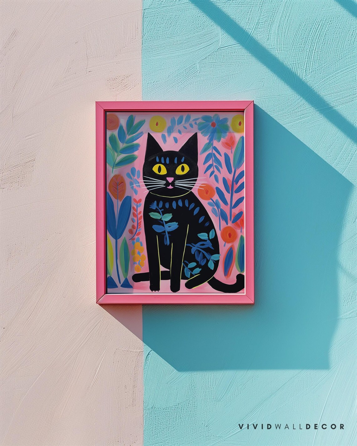 Playful Black Cat with Yellow Eyes Pink Floral Folk Art Poster - Image 2