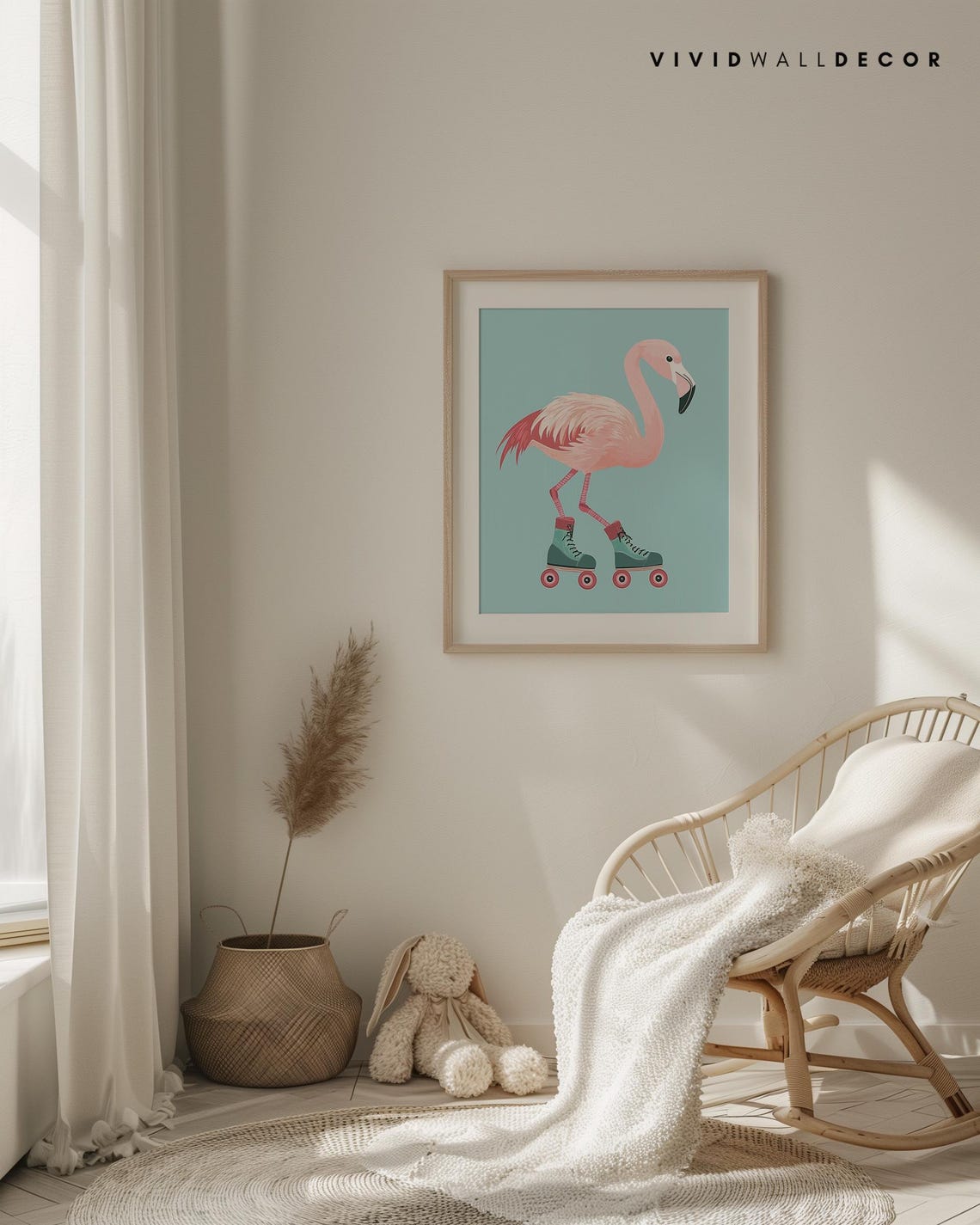 Sweet Pink Flamingo Gliding on Teal Roller Skates Nursery Poster - Image 4