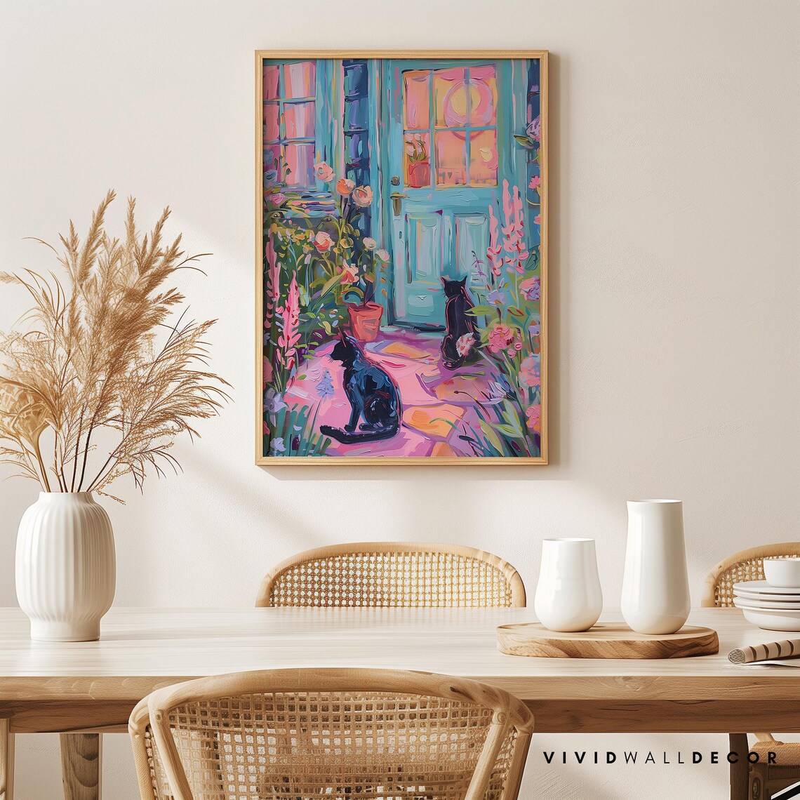 Two Black Cats At A Turquoise Door In A Blooming Pink Flower Garden Poster - Image 2