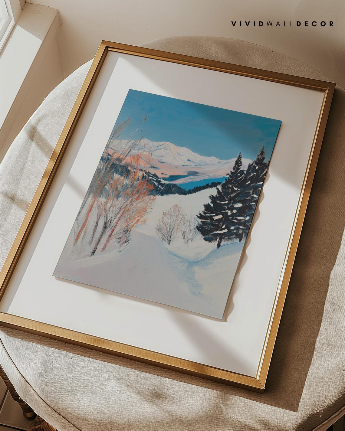 Serene Snowy Mountain Landscape with Birch Trees Calm Art Poster - Image 3