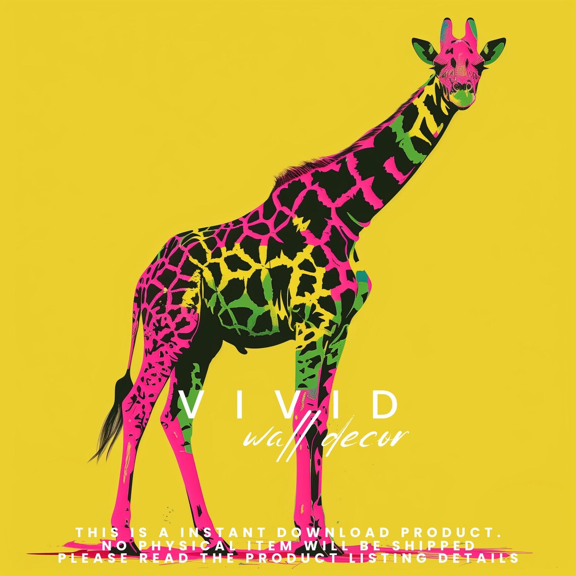 Neon Pink And Green Giraffe On A Bright Yellow Background Pop Art Poster - Image 2