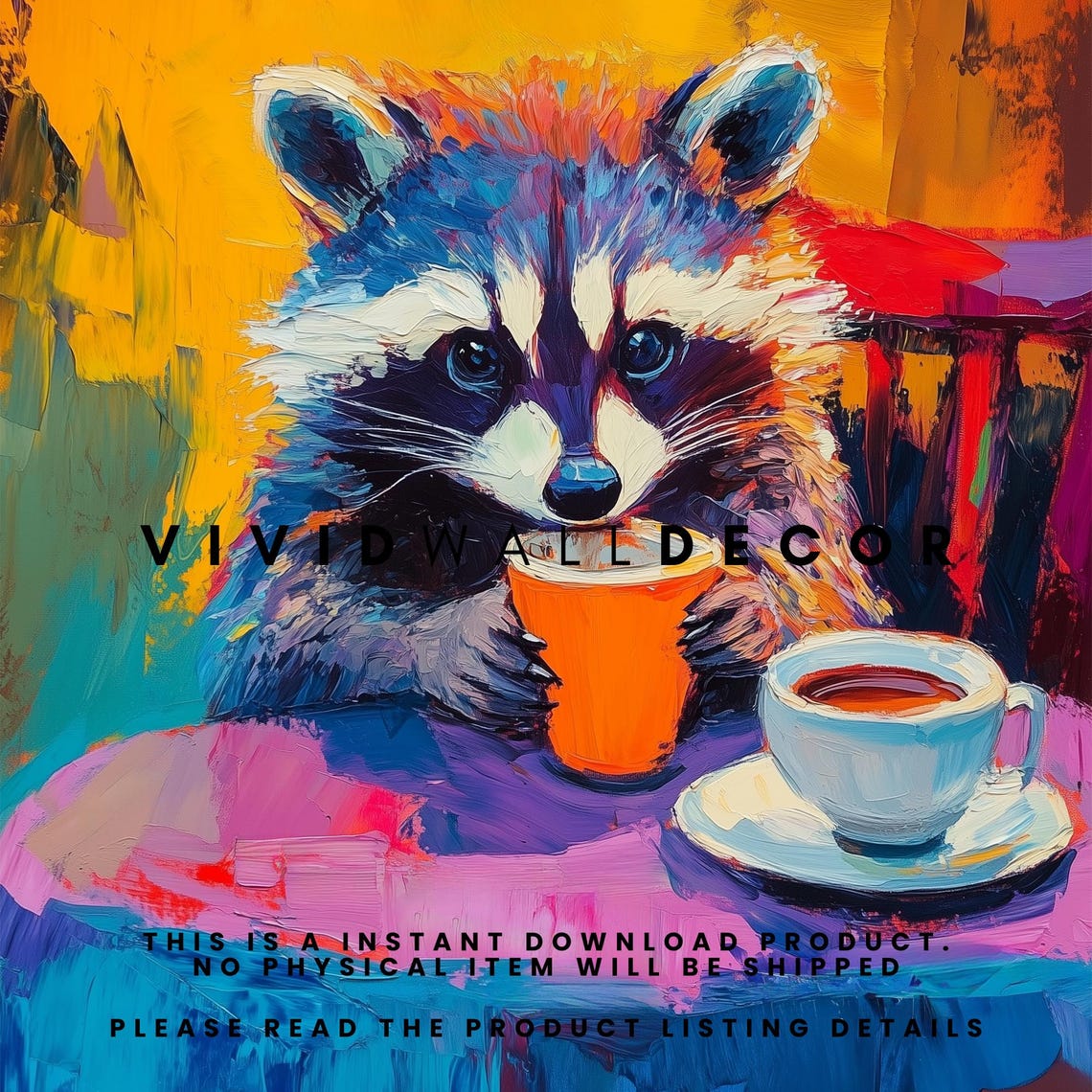 Playful Raccoon Drinking Orange Cup Bold Impasto Animal Poster - Image 2