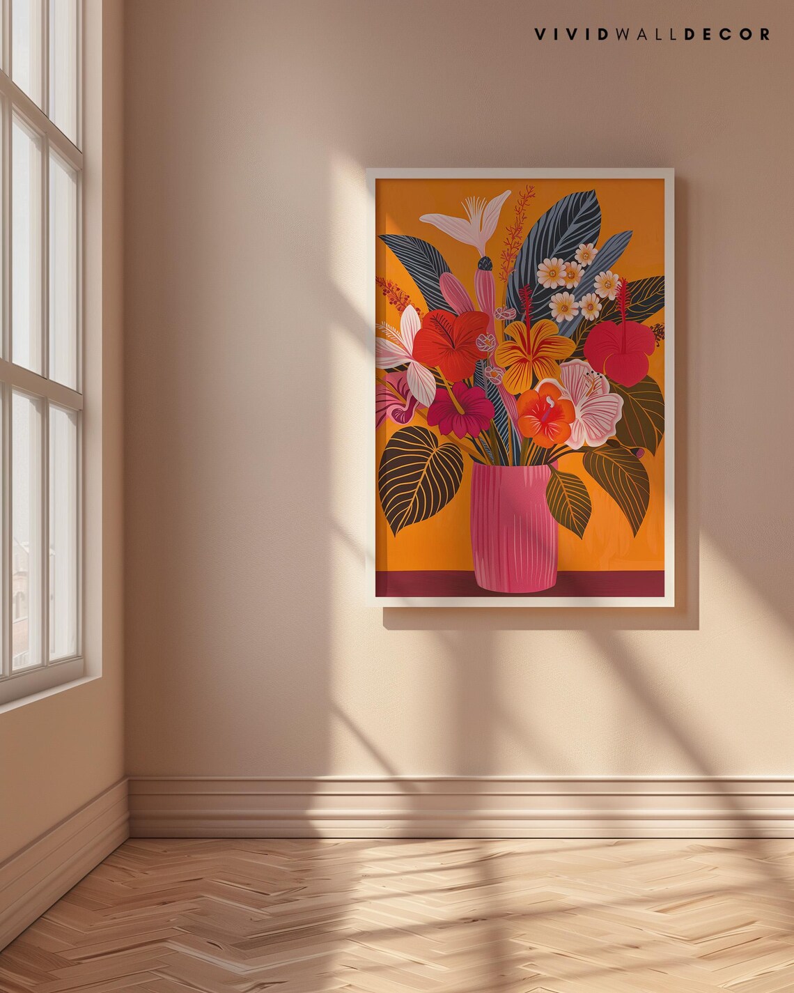 Tropical Hibiscus Bouquet Pink Vase Bold Orange Botanical Poster - Image 4