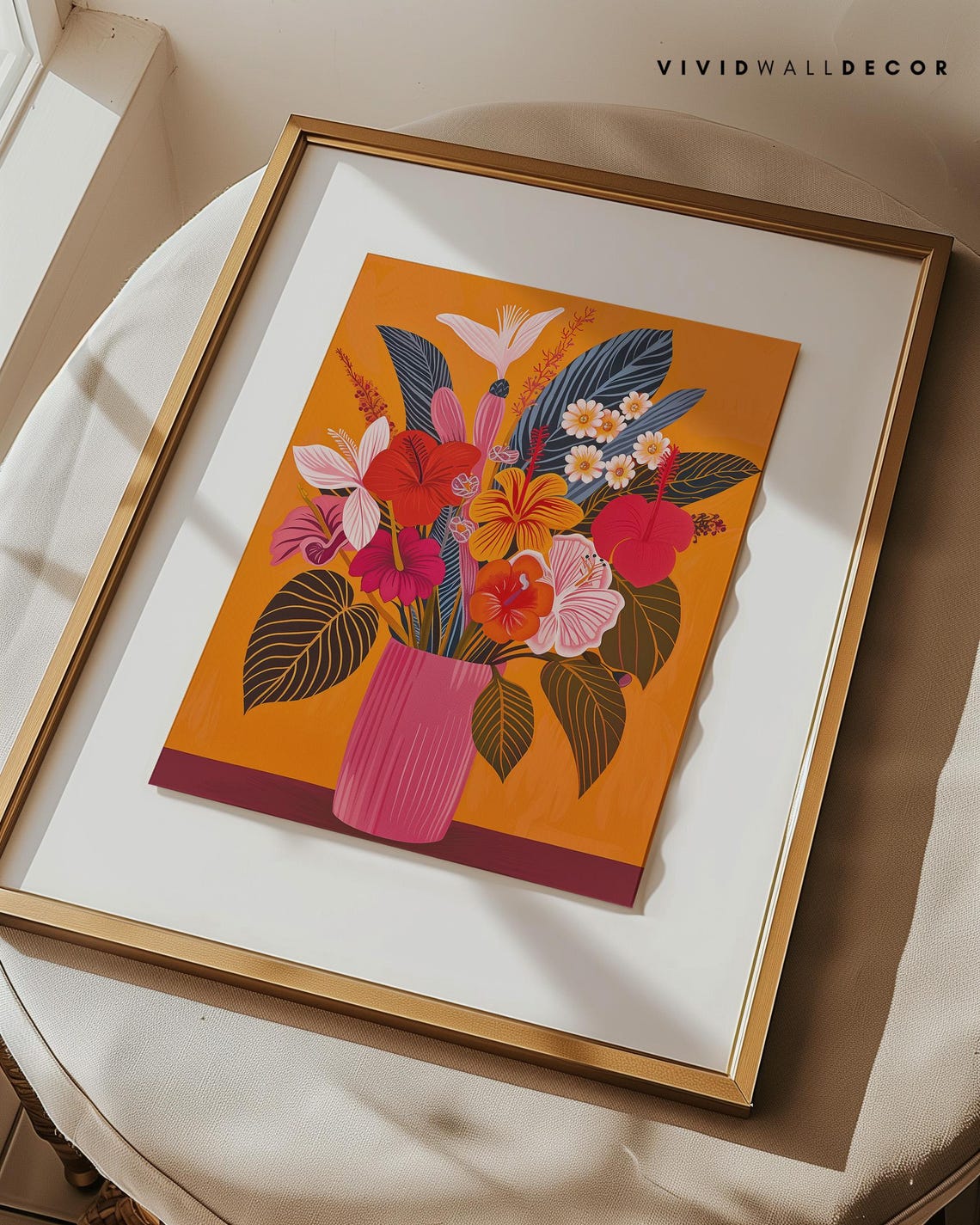 Tropical Hibiscus Bouquet Pink Vase Bold Orange Botanical Poster - Image 2