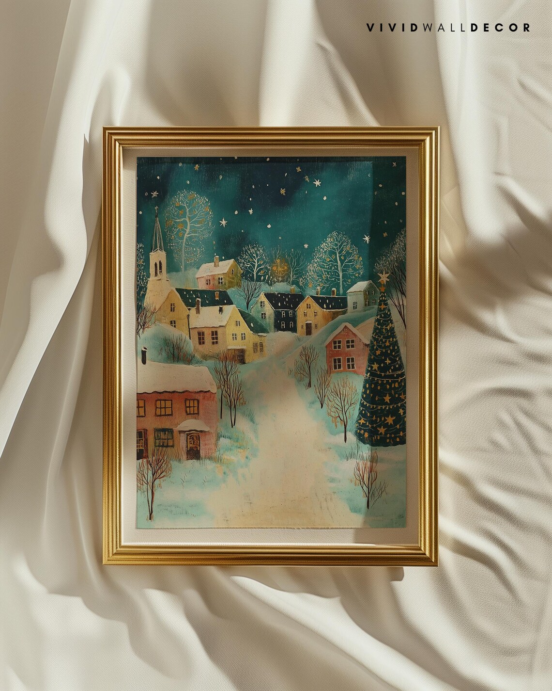 Snowy Christmas Village Under A Starry Night Sky Watercolor Poster - Image 2