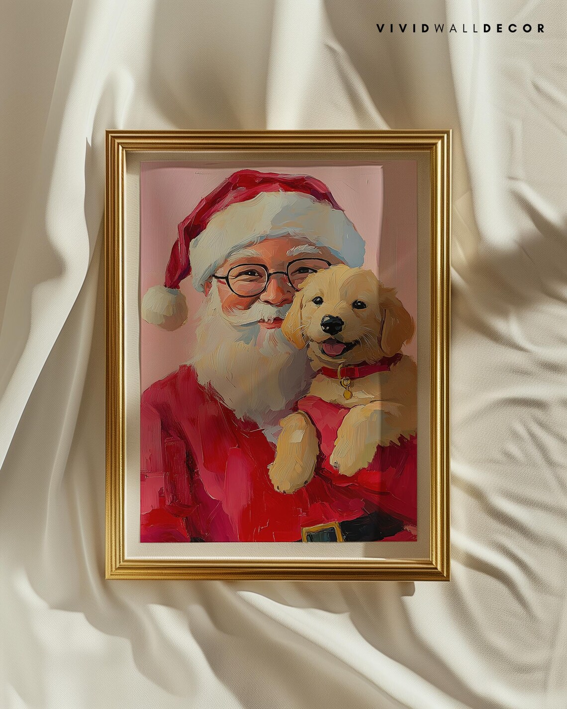 Santa With Golden Puppy Art Poster Pink Christmas Holiday Wall Decor - Image 2