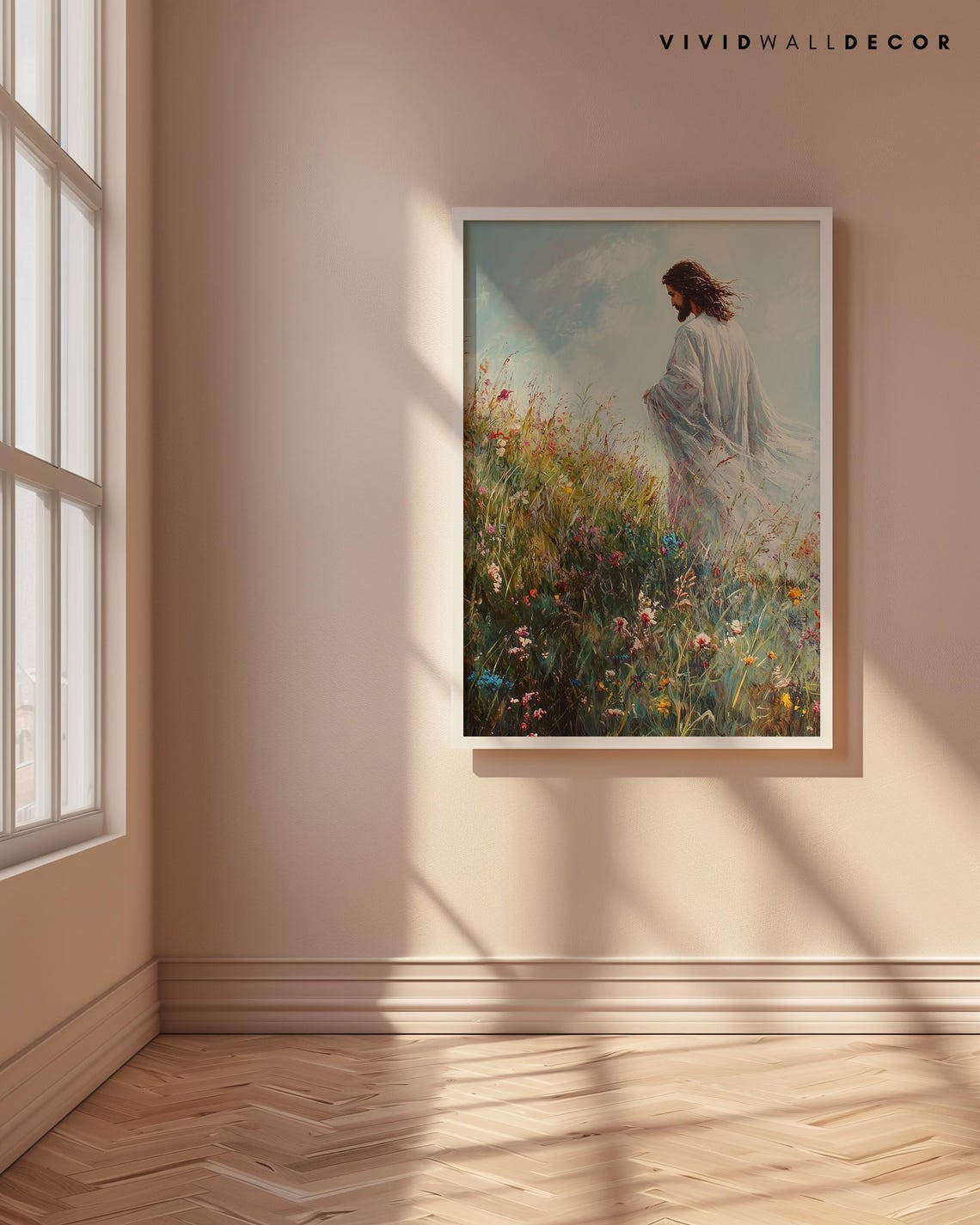 Jesus Walking Through Wildflowers in a Flowing White Robe Poster - Image 4