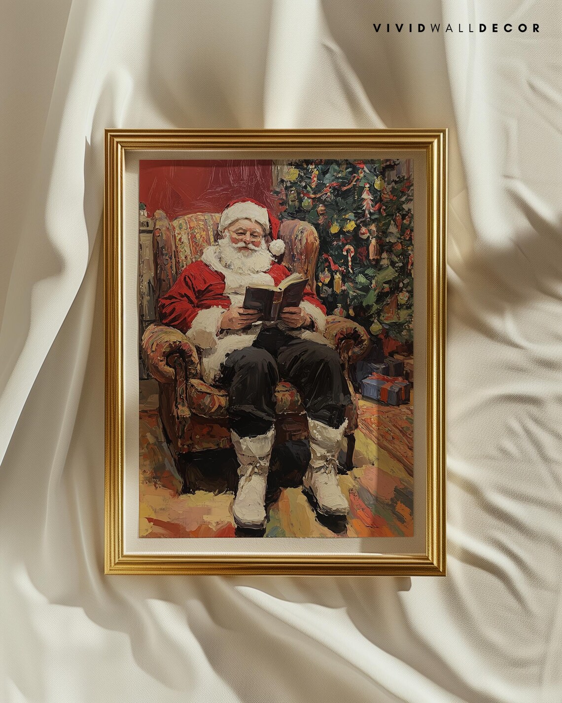 Santa Reading by the Tree Cozy Christmas Art Poster Festive Home Decor - Image 2