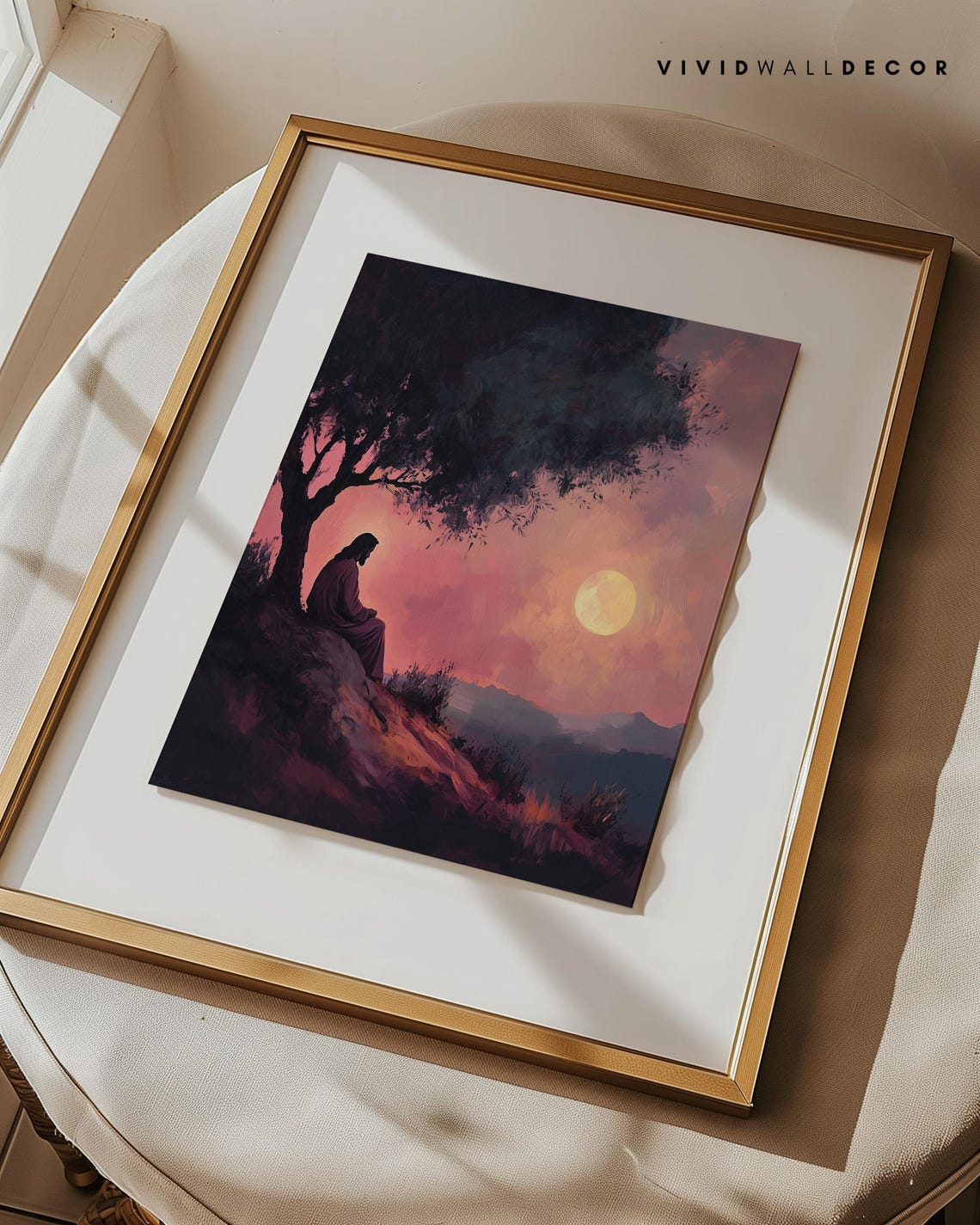 Jesus Praying Beneath a Tree at Sunset Moonlight Christian Poster - Image 3