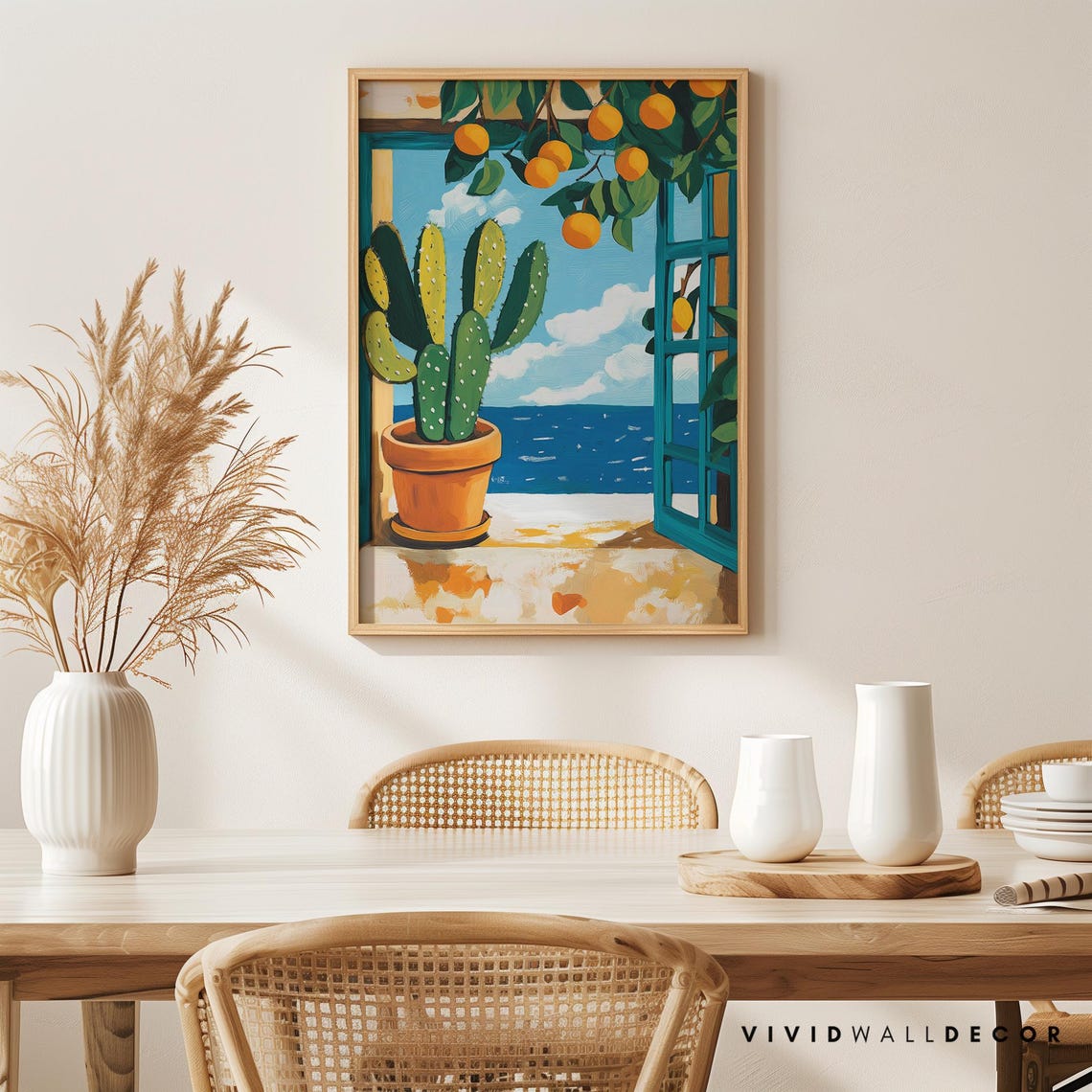 Sunny Mediterranean Cactus and Orange Tree Ocean View Poster - Image 4