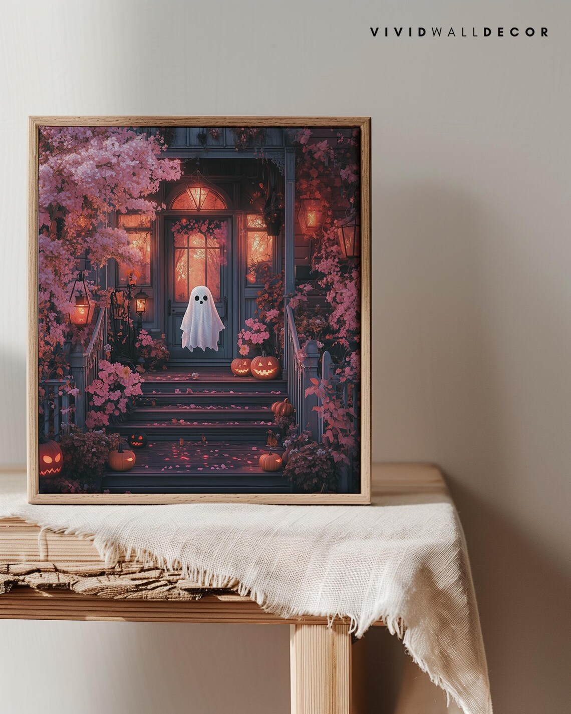 Cute Ghost on Haunted Porch Halloween Art Poster Spooky Fall Wall Decor - Image 3