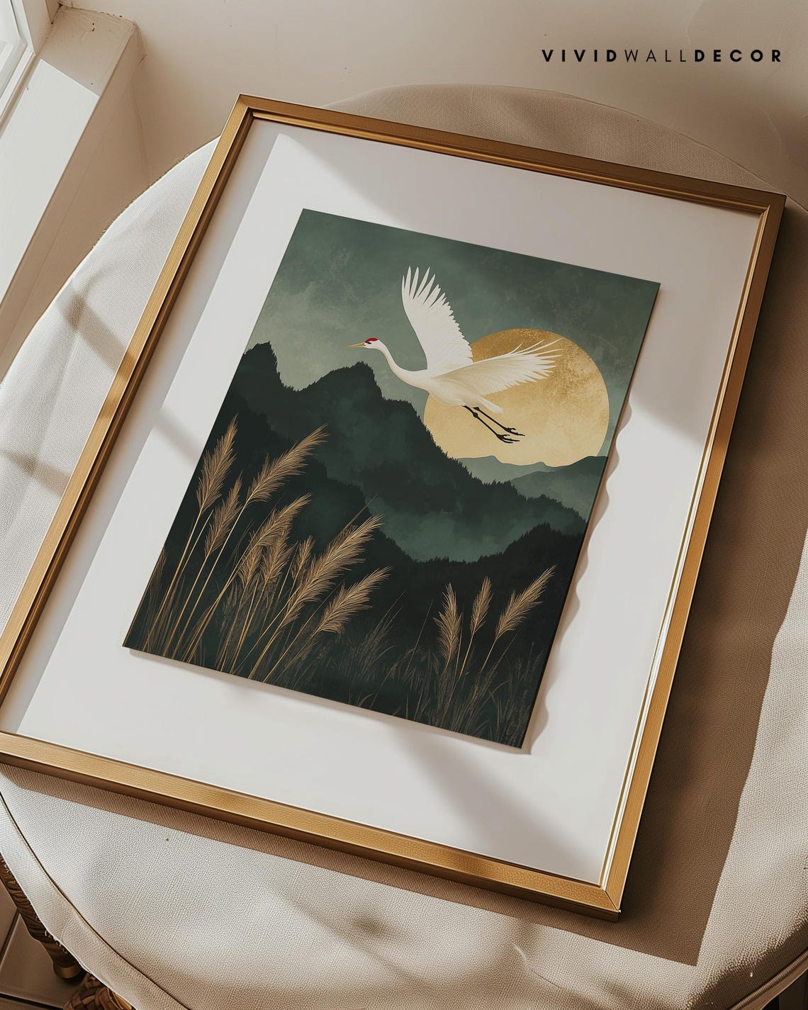Crane Flying Under a Golden Moon Over Misty Mountains Wall Poster - Image 3