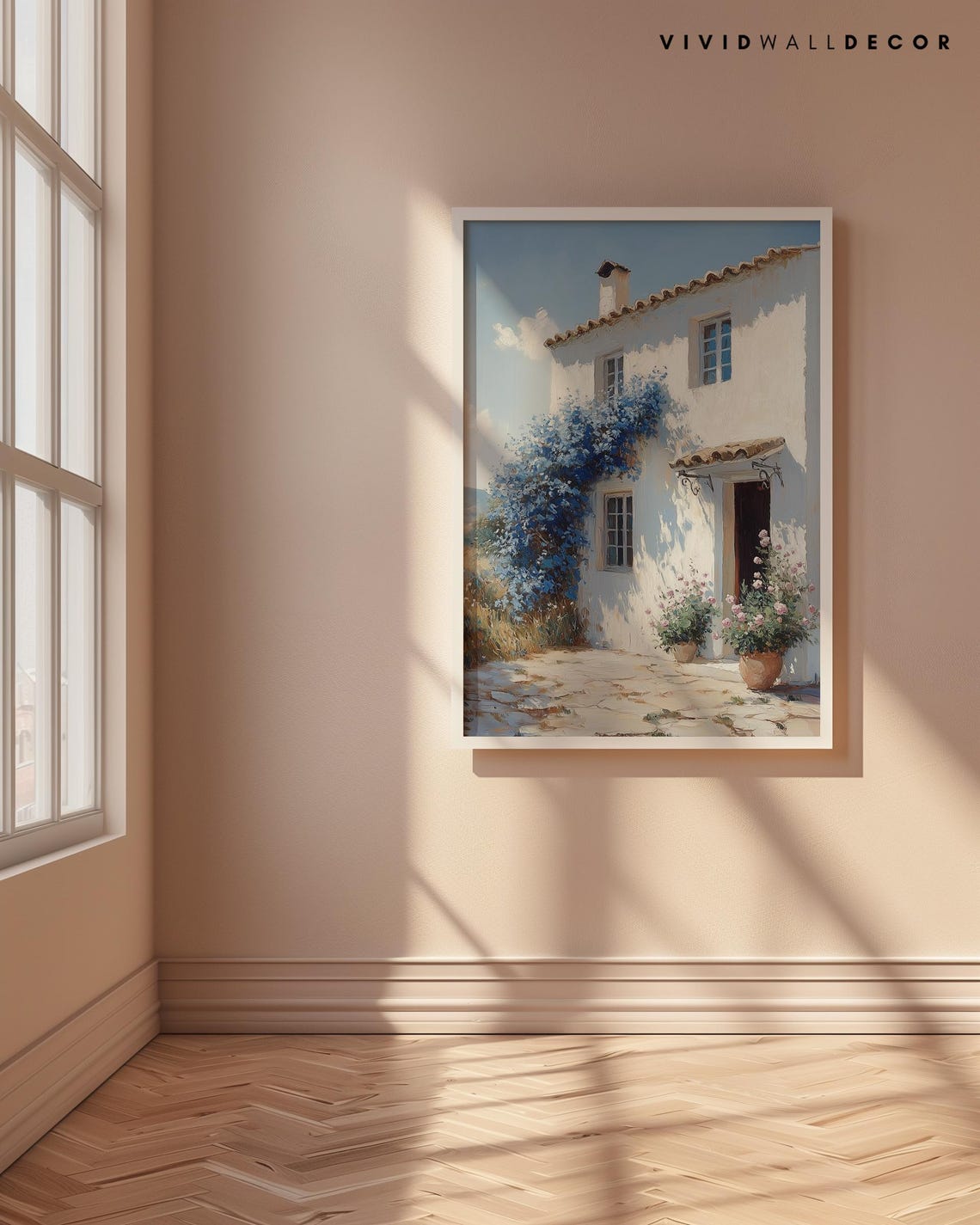 White Mediterranean Cottage with Blue Bougainvillea Sunny Poster - Image 4