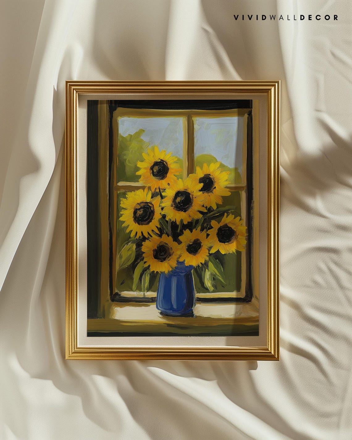 Sunflowers in Blue Vase by Dark Window Bold Floral Art Poster - Image 3