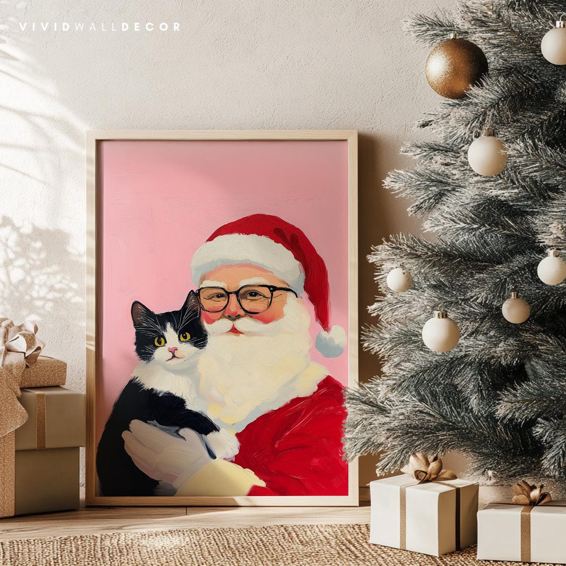 Santa Holding Black Cat Art Poster Pink Christmas Holiday Wall Decor - Image 4