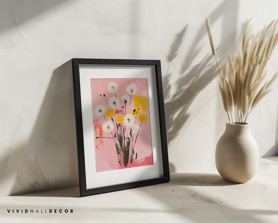 Abstract White and Yellow Flowers Pink Contemporary Art Poster - Image 3
