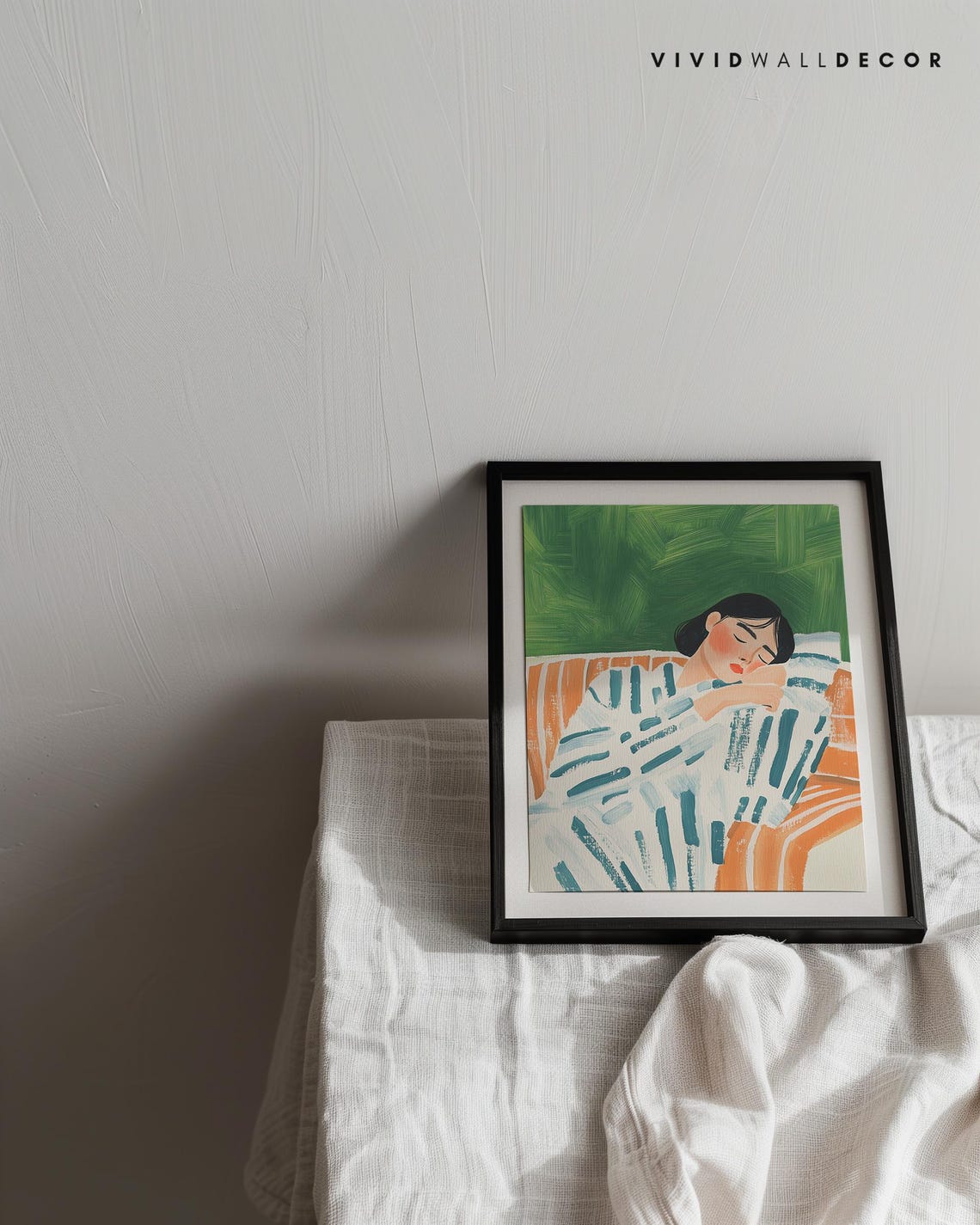 Woman Resting on Striped Sofa Green Minimalist Portrait Poster - Image 2
