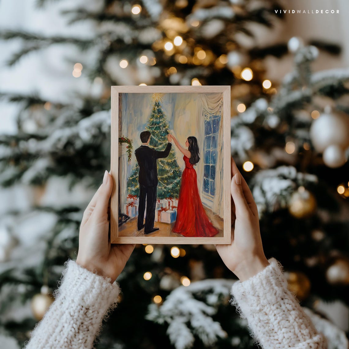 Romantic Couple Decorating Christmas Tree Star Topper Poster - Image 3