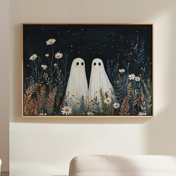 Whimsical Ghosts Among Wildflowers Under Starry Night Sky Cute Halloween Wall Art Playful Spooky Autumn Decor On Canvas