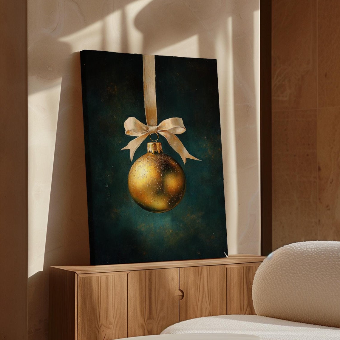 Gold Christmas Ornament Hanging From Cream Ribbon Minimal Poster