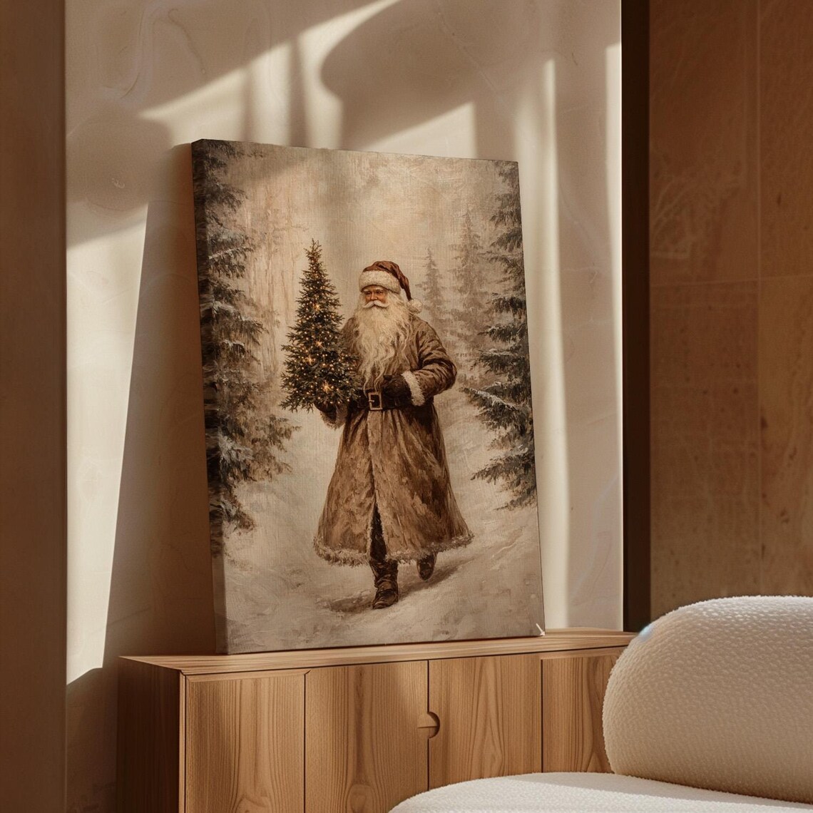 Vintage Santa Claus Snowy Forest Tree Farmhouse Christmas Poster