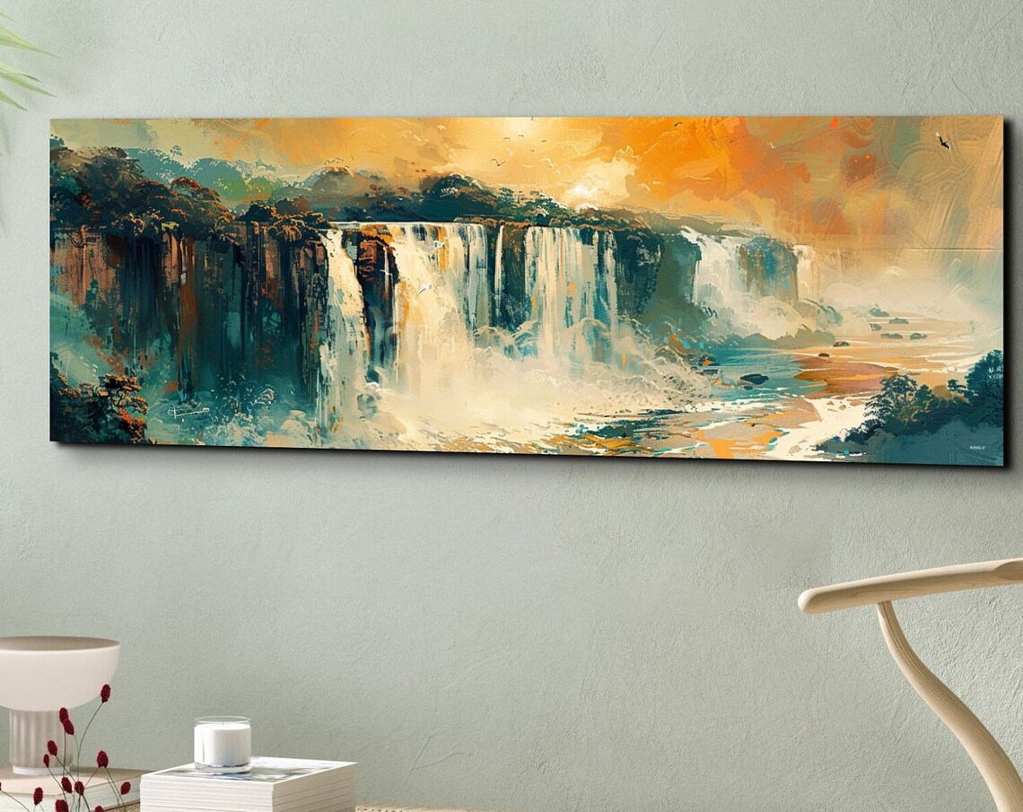 Waterfall Painting with Golden Orange Sunset Sky Panorama Wall Art