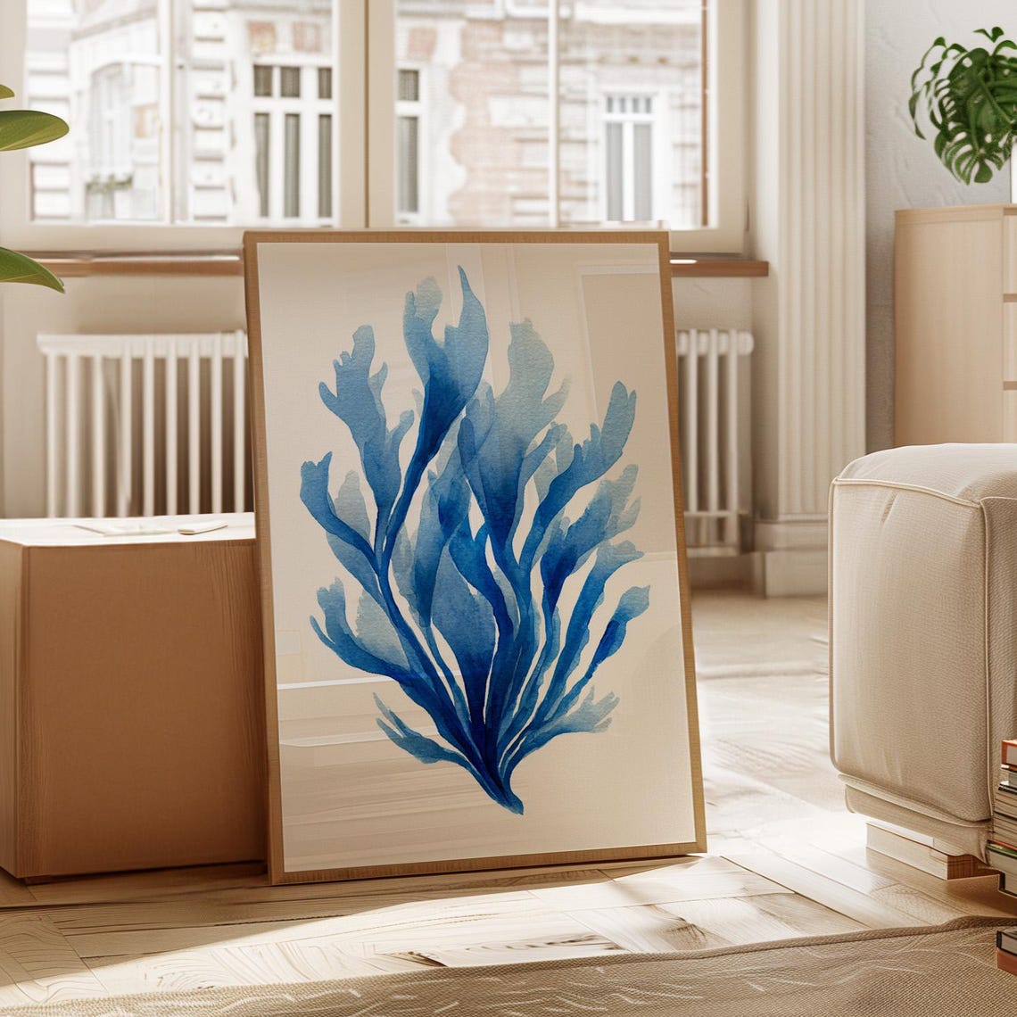 Blue Seaweed Watercolor Abstract Coastal Navy Ocean Art Poster